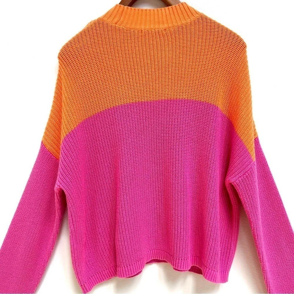 Bar III Cotton Colorblocked Mock-Neck Pink Orange Sweater, Size Small